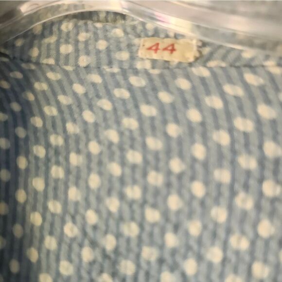Vintage Blue Seersucker Polkadot 50s Midi Dress Button Front Pockets Collar - Picture 6 of 12